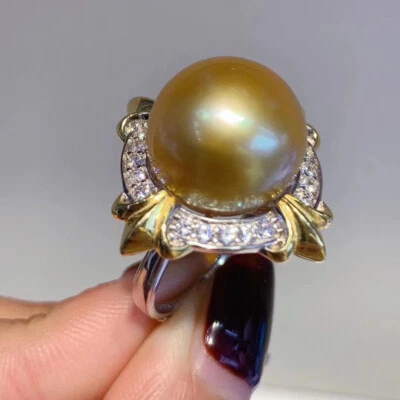 clásico enorme anillo de perlas de oro del mar del sur de 13-14 mm 925s (tim) Foto 1 de 3