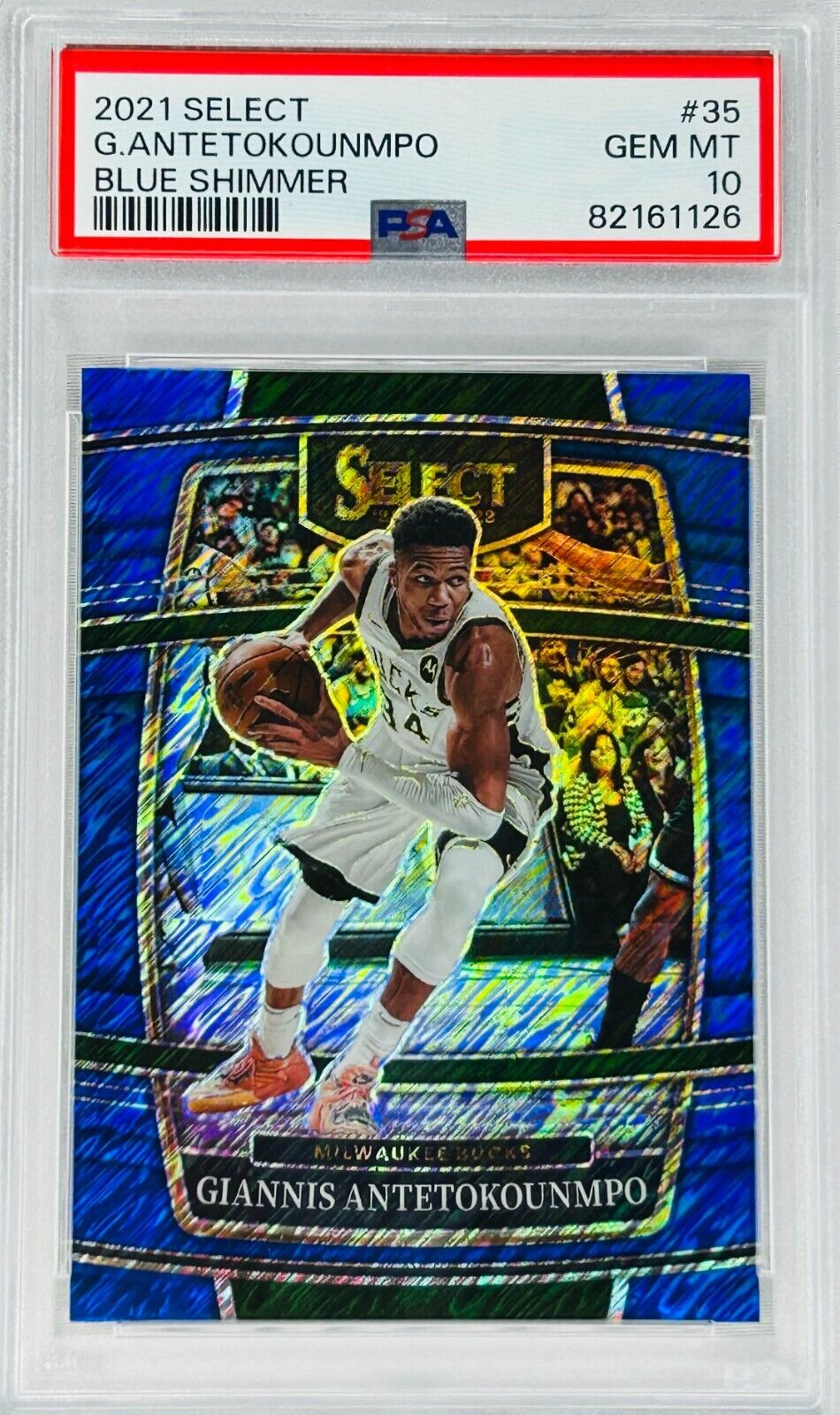 Giannis Antetokounmpo 2021-22 Panini Select Blue Shimmer Prizm #35 Bucks PSA 10