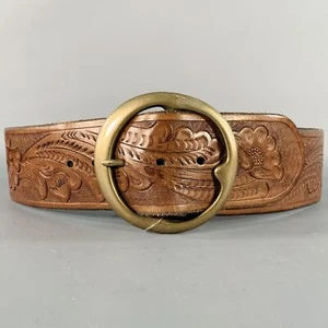 RALPH LAUREN Size M Brown Brass Embossed Leather Belt - Picture 1 of 7
