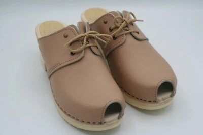 Zuecos Sven 40 Cuero Beige Tostado Nuevos Informales Hechos en EE. UU. Cordones Peep Toe Foto 1 de 4