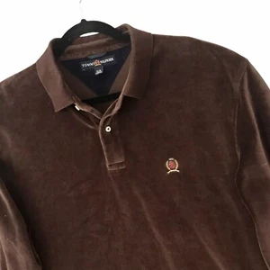 VTG Tommy Hilfiger Long Sleeve Velour Polo Shirt Chocolate Brown Logo Men’s XL - Picture 1 of 9