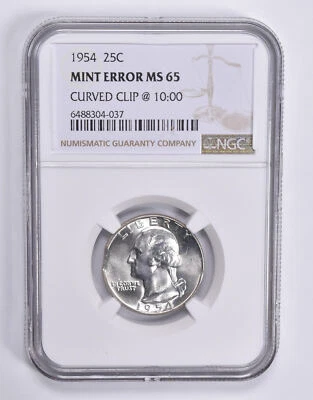 MINT ERROR MS65 1954 Washington Quarter Curved Clip @ 10:00 NGC *1857 - Image 1 of 3