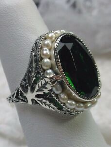 Pearl Ring/ Simulated Emerald Sterling Silver Leaf Filigree (Custom-Made)D156
