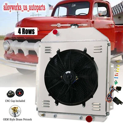 4 Row Radiator+Shroud Fan For 1942-1952 1949 1950 Ford Pickup F1 F2 F3 Chevy USA - Image 1 of 4