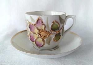 Vintage unbeschriftet Teetasse Untertasse Blumen umrandet Gold Glitzer süß Glanz rosa - Bild 1 von 10