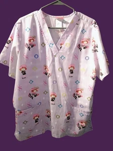 Strawberry Shortcake Lavender Pockets V Neck Scrub Top Women's Sz L Short Sleeve - Picture 1 of 4