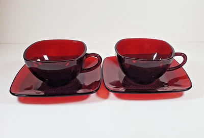 VTG Royal Ruby Red Glass Cup & Saucer MCM Square Charm Pattern 8 oz - Image 1 of 4