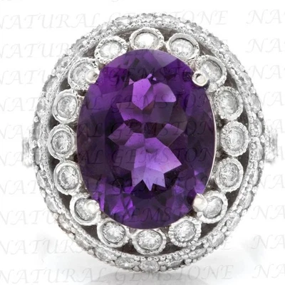 Alianza enchapada en oro blanco de 18 quilates de amatista natural y diamantes de corte ovalado de 8,80 quilates Foto 1 de 4