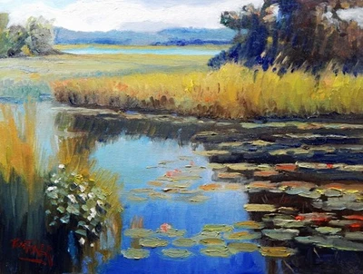 pantano hierba tierra río impresionismo realista pintura al óleo paisaje Tom Fisher Foto 1 de 4