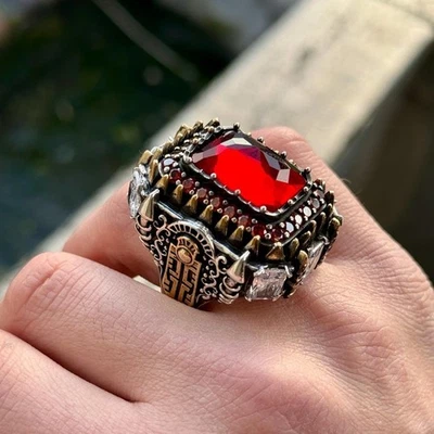 Turkish Handmade Zircon Red Stone Ring, Mens Red Zircon Gemstone Ring - Image 1 of 4