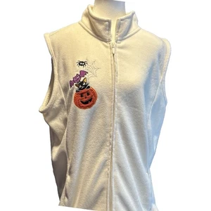 Halloween Fleece Vest XXL 1X  White Embroidered Pumpkin Bat Spider Zip Pockets - Picture 1 of 6