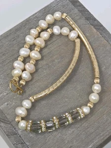 Freshwater Pearl Necklace w/ Square Crystals & Rhinestones Gold Tone Toggle VTG - Picture 1 of 22
