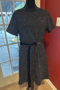LOFT Black Metallic Short Sleeve Shift Dress Size 12 Belted Lurex Party Holiday - Picture 1 of 8