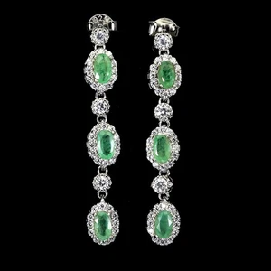 925 Sterling Silver Earrings Oval Emerald 5x3mm Natural Gemstone Jewelry - Picture 1 of 13