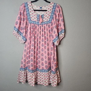 Old Navy Babydoll Dress Pink Blue Sz Large Peasant Short Ruffle Puff Sleeve - Picture 1 of 10