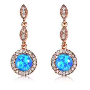 New Year Gift Blue Fire Opal White Topaz Rose Gold Plated Stud Hook Earrings - Picture 1 of 6