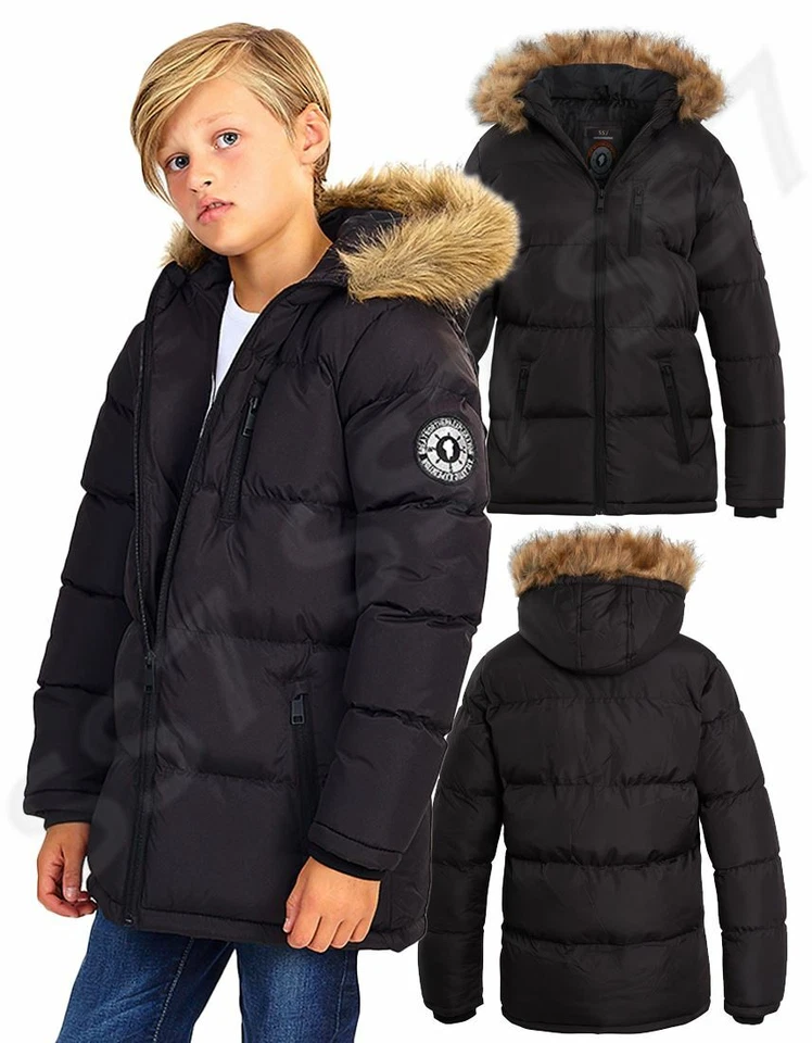 Boys Padded Parka Coat Ages 7 8 9 10 11 12 13 Years Jacket Faux Fur Black - Image 1 of 1