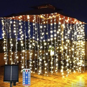 Outdoor Solar Curtain Fairy String Lights Hanging Gazebo Patio Window Garden - Picture 1 of 10