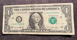 2013 $1 Fancy Bill Federal Reserve Note Serial Number L74777372P Lucky 7’s 🍀 - Picture 1 of 2