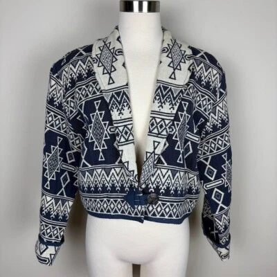 Casual Corner & Co Vintage Cropped Southwestern Jacket M Blue Cream Tribal Boho - Image 1 of 4