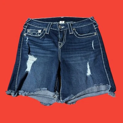 True Religion Shorts Womens 27 Blue Mid Roll Distressed High Rise Denim - Image 1 of 4