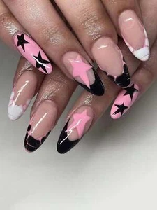 24pcs Long Almond Black French Pink Star Print Fake Nail Press On Nails False - Picture 1 of 6