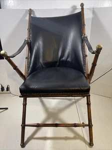 Italian Folding Campaign Chair Leather Seat & Nailhead Trim Valenti? Bamboo Oak - Picture 1 of 20