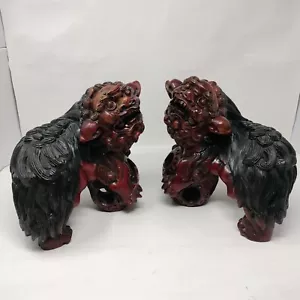 Antike chinesische Foo Hundefiguren große handgeschnitzte Massivholz männlich weiblich Paar - Bild 1 von 24