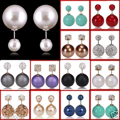 Doppel zwei Perlen Ohrringe Shamballa Strass Kristall Gold Silber Ohrstecker - Bild 1 von 4