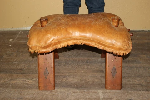 Original Antique Egyptian Wood & Leather Camel Saddle Seat Stool Bench Chair Cover