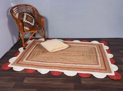 Handmade Braided Natural Pure Jute with Red Design Scalloped Rug - Image 1 of 4