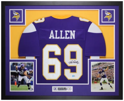 Camiseta deportiva Jared Allen autografiada y enmarcada púrpura de Minnesota auto Beckett certificado de autenticidad Foto 1 de 4