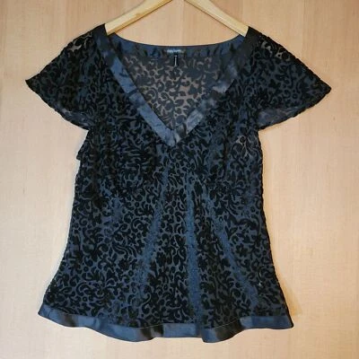 Daisy Fuentes Women's XLP Glam Black Velvet Burnout Blouse Satin Trim V-Neck - Image 1 of 4