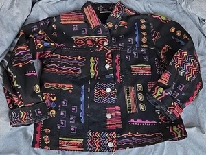 Vintage Chico’s Design Sz 1 Medium M Women ’s Denim Jacket Black & Colorful EUC - Picture 1 of 10