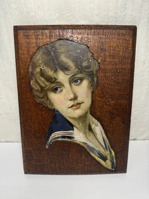 Gorgeous 1914 Woman’s Face Art Wooden Chisel 11”x8” GOOD Considering Age - Image 1 of 4