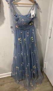 Tulle Dress Floral Embroidery Formal Evening Party Gown Dusty Blue Size 6 - Picture 1 of 24