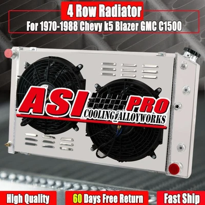 Aluminum 4 Row Racing Radiator With Fans For 1970-88 Chevy k5 Blazer GMC C1500 Foto 1 de 4