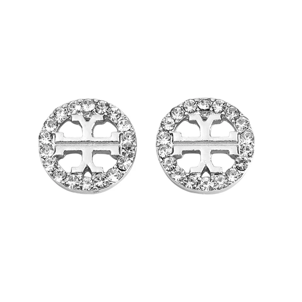 Aretes con logotipo de Tory Burch tono plata cristal adornado redondos nuevos sin etiquetas Foto 1 de 1