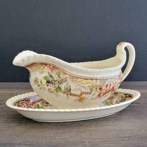 Vintage Johnson Bros Devonshire Gravy barca e piatto vecchio inglese floreale e uccellino - Foto 1 di 16