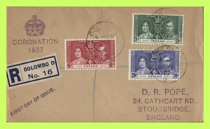 Ceylon 1937 KGVI Coronation set on registered First Day Cover, Colombo - Picture 1 of 1
