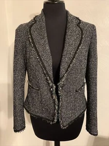 AK Anne Klein Jacket Womens 4 Black White Tweed Open Front Blazer Lined - Picture 1 of 14