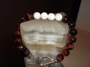MEN'S HANDMADE 9" 10 MM RED TIGER EYE/ WHITE TURQUOISE BEAD CAP BRACELET - Picture 1 of 7