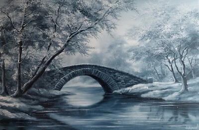Arte de Central Park nevado de invierno. Puente viejo cubierto de nieve, parque en arte de la Quinta Avenida Foto 1 de 4