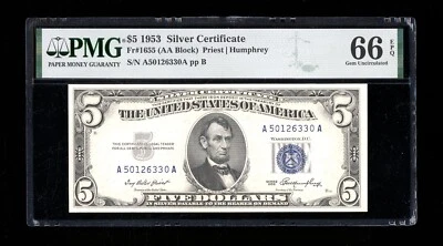 DBR $5 1953 Silver Gem Fr. 1655 AA Block PMG 66 EPQ Serial A50126330A - Image 1 of 2