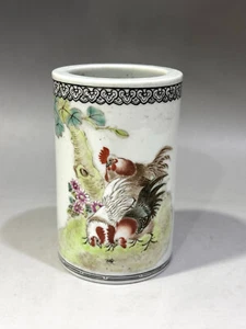 Collectable Art Handmade Painting Famille Rose Porcelain Cock Brush Pot - Picture 1 of 9