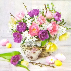 Q095# 3 servilletas de papel individuales para decoupage primavera rosa púrpura tulipán jarrón de flores - Imagen 1 de 8