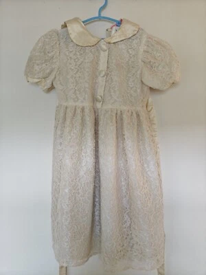 Vintage La Princess Girl's Holiday Dress Champagne Lace Youth Size 6 Puff Sleeve - Image 1 of 4