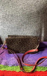 Calvin Kline Brown & Orange SIG Coated Canvas Snap Zip Shoulder Bag Crossbody - Picture 1 of 17