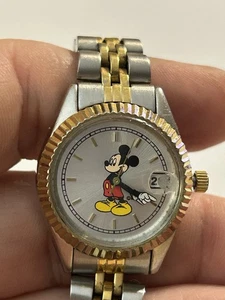 Woman’s Disney Mickey Mouse Watch Date Gold Silver Metal Band Works New Battery - Picture 1 of 4