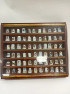 Vintage Large Bundle Various Thimbles In Wooden And Glass Display Case Decor - Picture 1 of 9